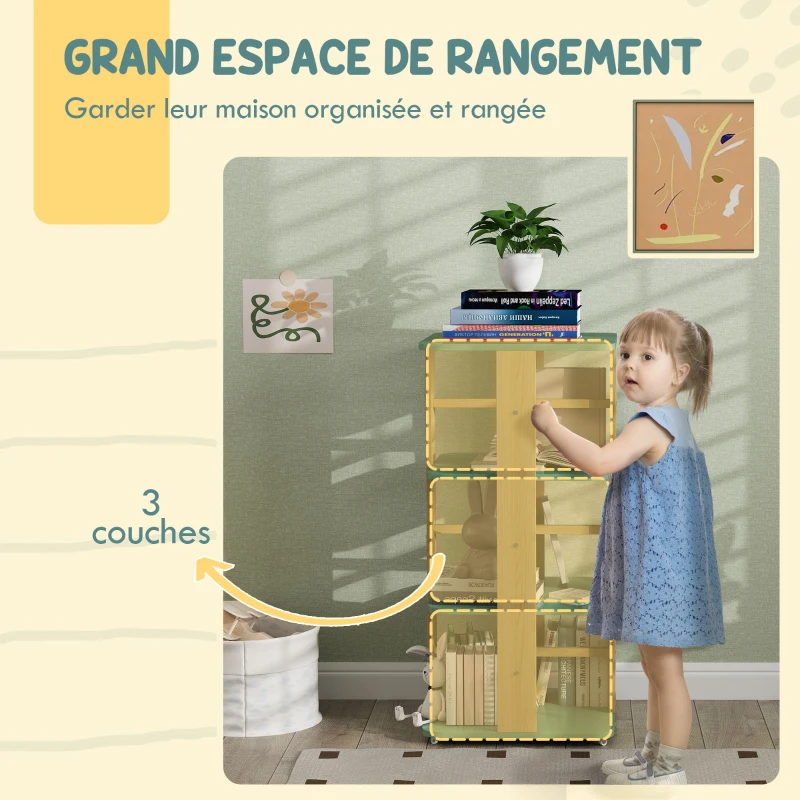 AIYAPLAY Bibliothèque enfant avec roulettes, rangement livre enfant 3 niveaux pour salle de jeux, chambre d'enfant, vert