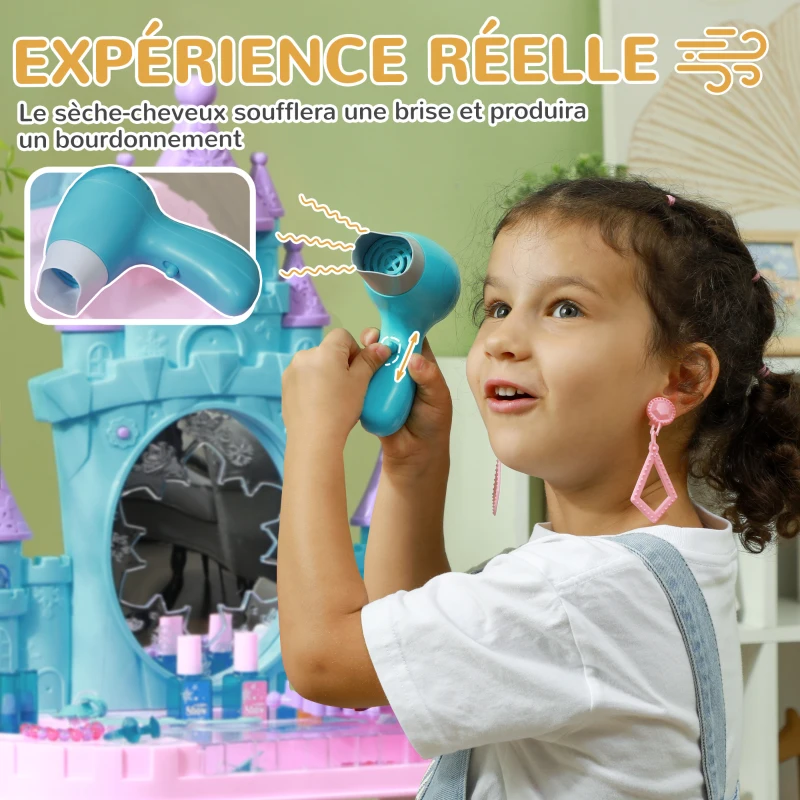 AIYAPLAY Ensemble de coiffeuse pour enfants 18 PCS avec miroir et tabouret, design château avec lumière, musique, sèche-cheveux