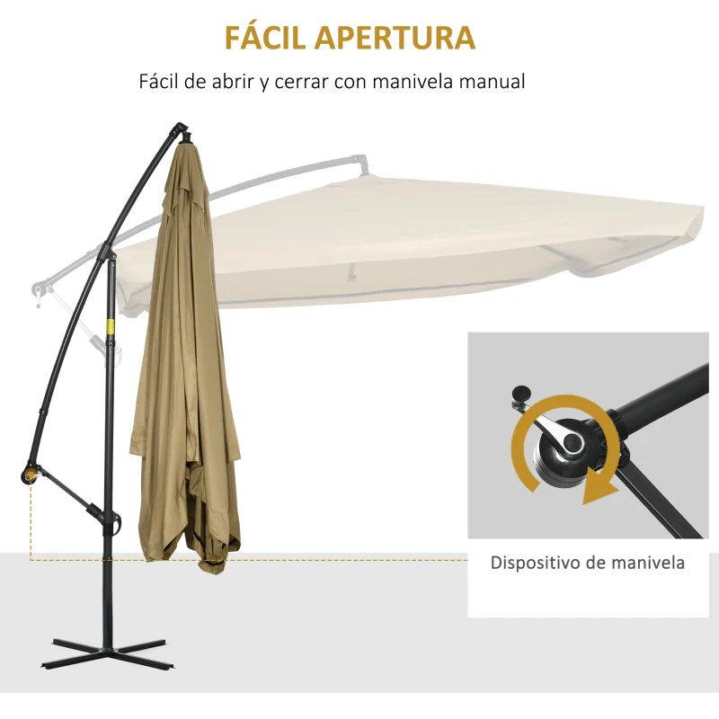 Outsunny Sombrilla de Jardín Excéntrica 296x296x265 cm con Manivela Mosquitera y Base Cruzada para Terraza Patio Color Beige