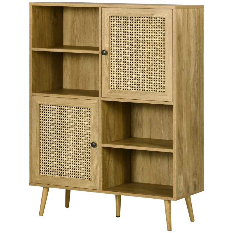 HOMCOM Buffet storage cabinet tall wood and rattan design 2 doors - dim. 90L x 32.5W x 120H cm