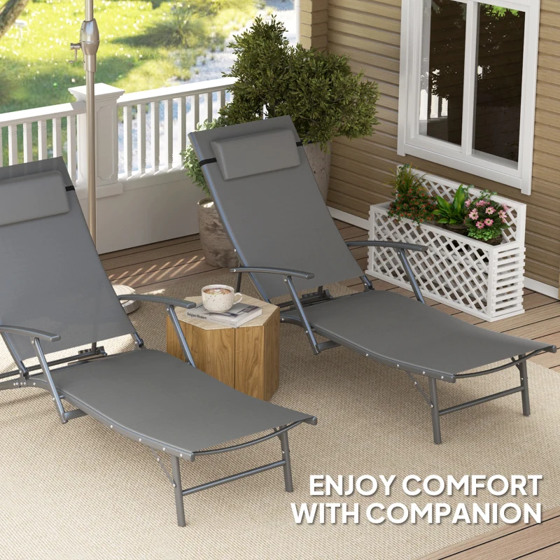 Outsunny Set of Two Adjustable Back Sun Loungers - Grey
