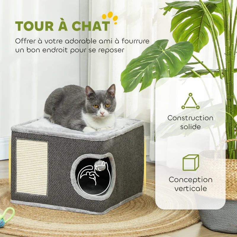 PawHut Tonneau griffoir chat arbre à chat avec plate-forme supérieur, en peluche et sisal 45 x 45 x 35 cm gris anthracite