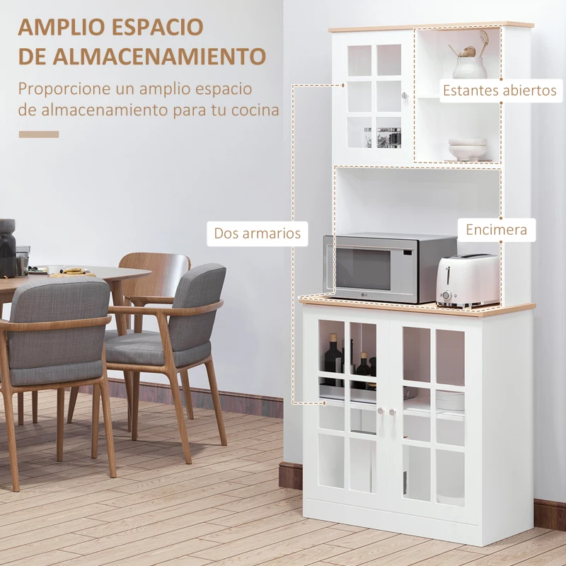 HOMCOM Alacena de Cocina con Estantes y Puertas de Vidrio para Pequeños Electrodomésticos y Menaje 80x37x183 cm Blanco