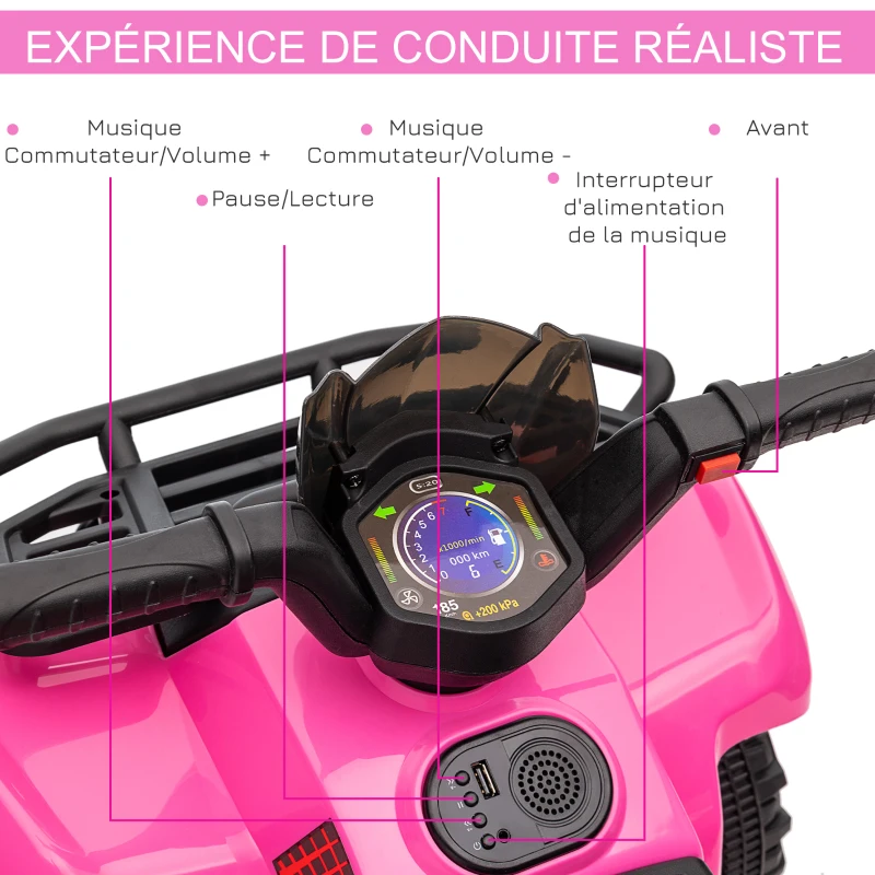HOMCOM Quad buggy voiture électrique enfant quad électrique 18-36 mois 6 V 2 Km/h max. rose