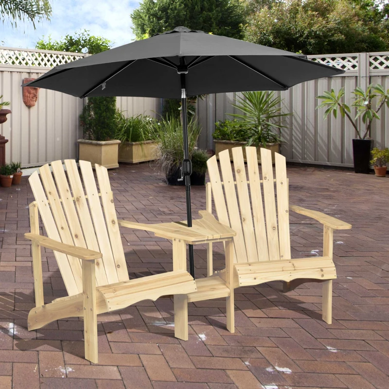 Outsunny Chaise de jardin Adirondack avec table et trou pour parasol 2 places Ensemble de sièges de jardin Meubles de jardin en bois massif naturel 178 x 87 x 92 cm
