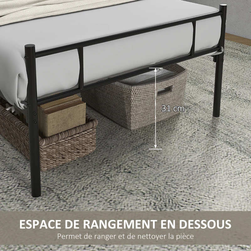 HOMCOM Cadre de lit 90 x 190 cm sommier à lattes en acier, tête de lit et pied de lit, hauteur 31 cm avec rangement sous le lit