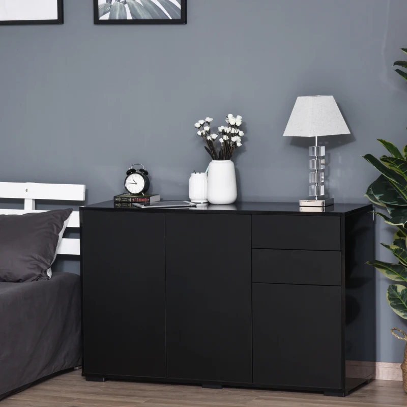 HOMCOM Buffet-Sideboard Aufbewahrungsschrank mit 2 Schubladen, 3 Türen, höhenverstellbarem Regal, Teilchenplatten, 117 x 36 x 74 cm Schwarz