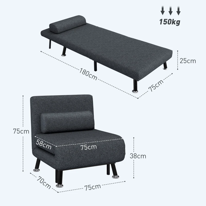 HOMCOM Poltrona Letto 3 in 1 con Schienale Regolabile e Cuscino, in Tessuto Effetto Lino e Acciaio, Grigio Scuro