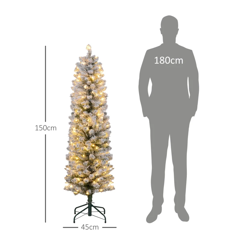 HOMCOM Sapin de Noël artificiel 150 cm avec éclairage LED blanc chaud, 263 branches enneigées, base en métal, réaliste et fin