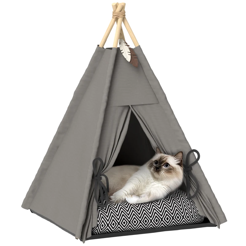 PawHut Tipi-Zelt für Haustiere, Tierbett im Tipi-Design, Katzenzelt mit Kissen, Hundebett zum Schlafen, Katzenbett, Grau