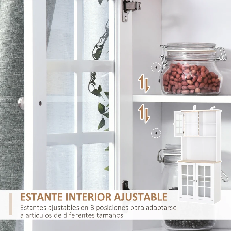 HOMCOM Alacena de Cocina con Estantes y Puertas de Vidrio para Pequeños Electrodomésticos y Menaje 80x37x183 cm Blanco