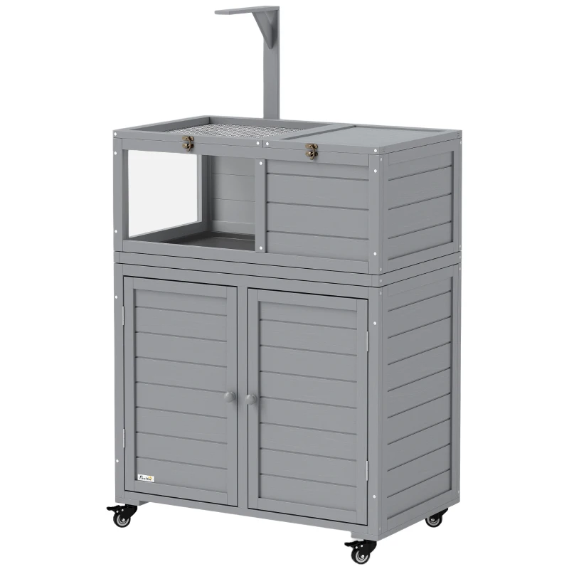 PawHut Wooden Tortoise House with Storage Cabinet, Openable Top, Lamp Holder, Windows, Light Grey