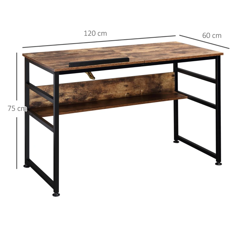HOMCOM Zeichentisch mit neigbarer Platte Industrie-Design Computertisch - klappbares Plateau, Regal - Spanplatten mit altem Holzdekor und schwarzem Metall