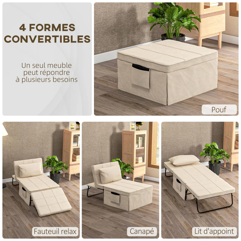 HOMCOM Fauteuil lit convertible chauffeuse chaise longue et pouf 4 en 1 avec dossier inclinable 5 positions crème