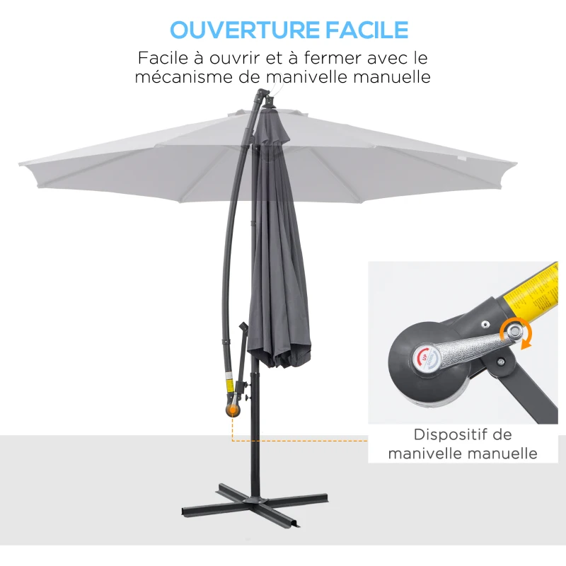 Outsunny Parasol déporté octogonal rabattable diamètre 3 m parasol de jardin avec pied en croix Ø295 x 255H cm gris