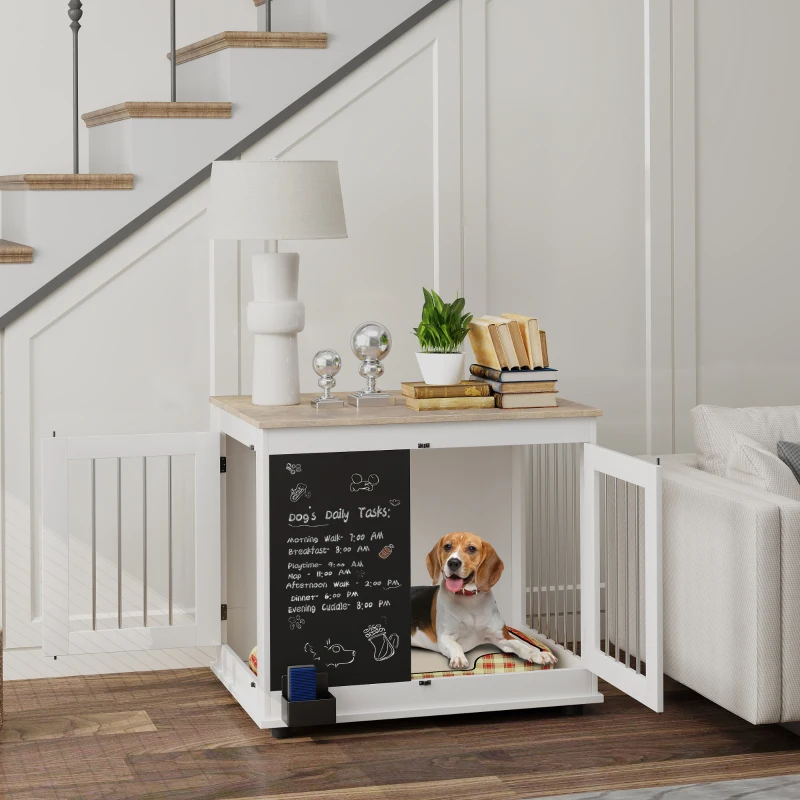 PawHut Hundekäfig Innenhundekäfig mit 3 Türen Tafel für mittelgroße Hunde 20 kg, 80 x 60 x 70 cm weiß