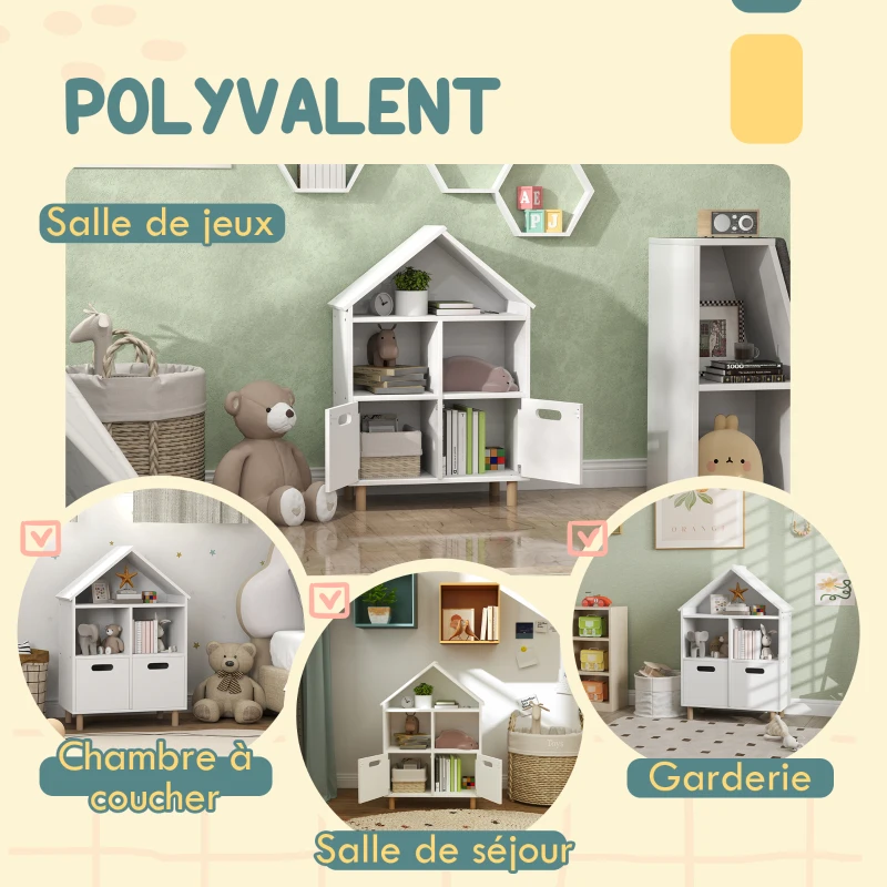 AIYAPLAY Bibliothèque enfants meuble de rangement enfants 3 niveaux avec deux tiroirs forme de maison 63,7 x 29,7 x 89 cm blanc