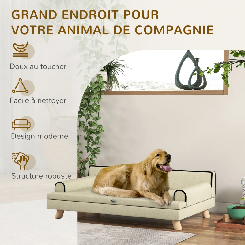 PawHut Canapé pour chien chat design scandinave coussin moelleux amovible pieds bois massif 100 x 62 x 32 cm beige