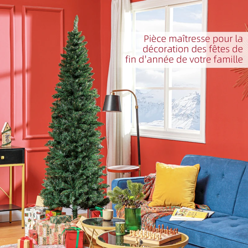 HOMCOM Sapin de Noël Artificiel 210 cm Arbre de Noël Slim avec support en acier pliable, 687 branches épines Vert