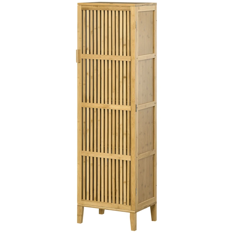 HOMCOM Bamboo Storage Cabinet with Shelves and Slatted Door Design for Bathroom Bedroom Living Room 40 x 30 x 140 cm