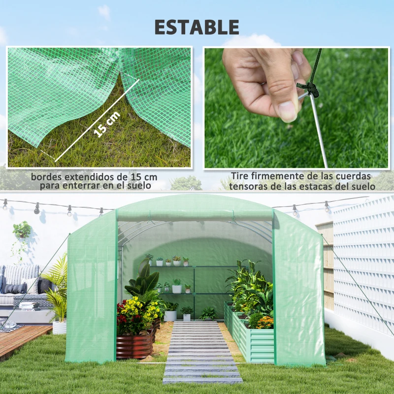 Outsunny Invernadero de Túnel 6x3x2 m con 6 Ventanas de Malla Cubierta de PE Anti-UV y 3 Puertas Enrollables Verde(m-8)