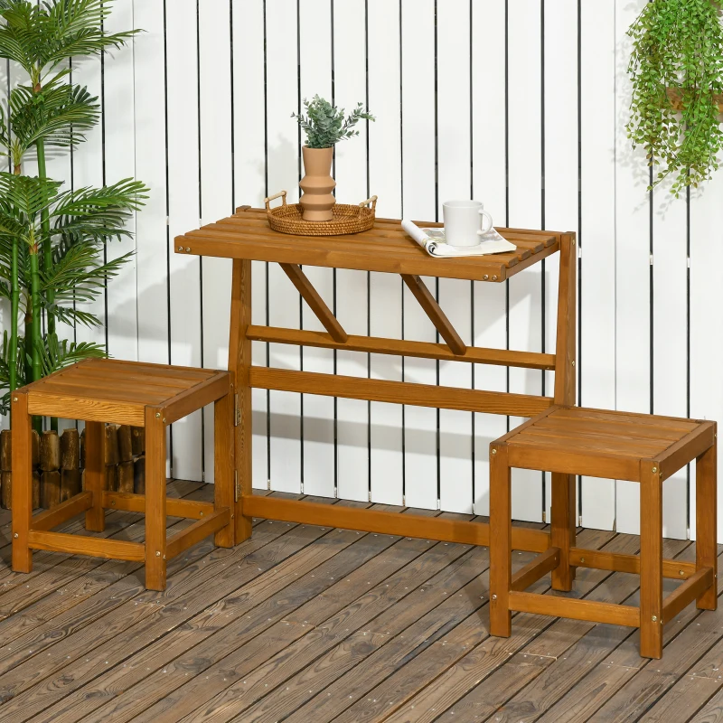 Outsunny Banc de Jardin pour 2 Personnes, Combinaison 2-en-1, Table avec 2 Tabourets, Bois de Mélèze, Résistant aux Intempéries, Teck