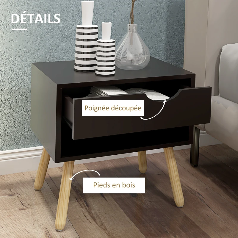 HOMCOM Lot de 2 tables de chevet tables de nuit avec tiroirs pieds en bois massif moderne 50 x 39 x 51 cm noir et bois naturel