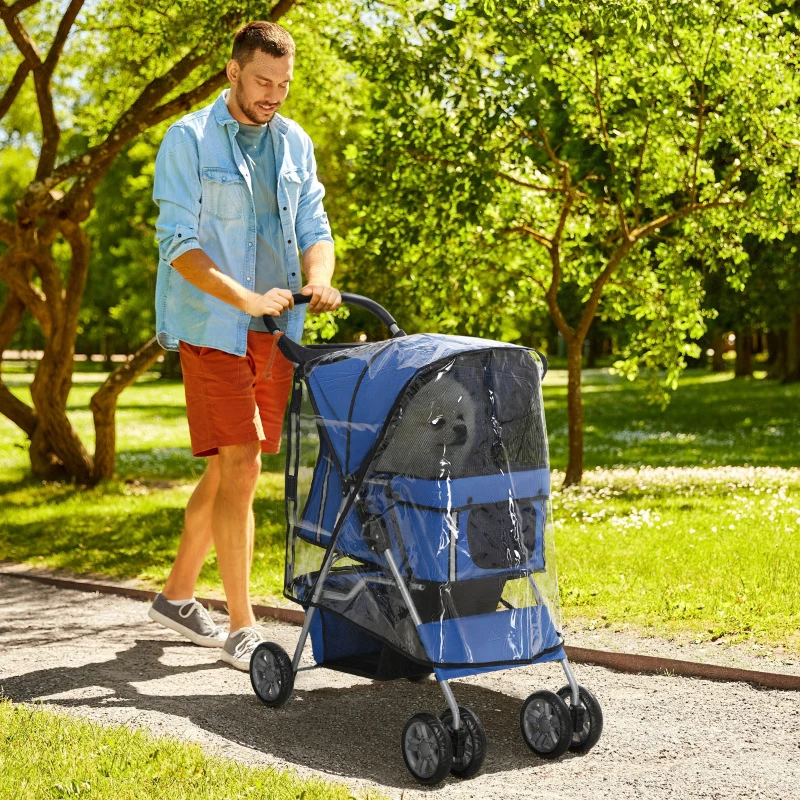 PawHut Cărucior Pliabil pentru Câini până la 10 kg cu Copertină de Ploaie, 75x45x97 cm, Albastru