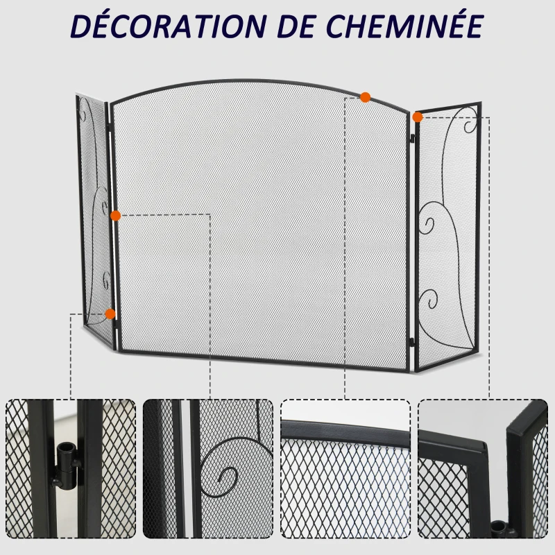 HOMCOM Pare-feu pour cheminée ou poêle design élégant Pare-étincelles 3 Volets Pliables dim. 132,5L x 76,5H cm Acier métal Noir