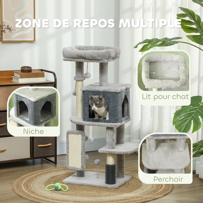 PawHut Arbre à chat, tour de jeux, hauteur de 104 cm, avec lit maison, brosse de toilettage,  44l x 34P x 104H cm, gris clair