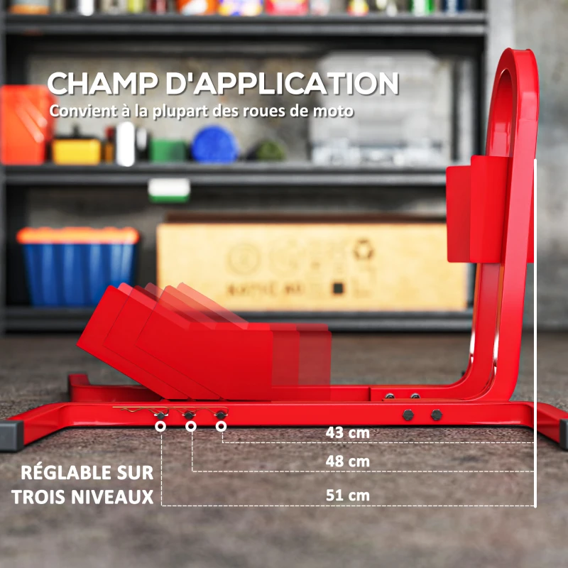 HOMCOM Lève moto béquille d'atelier béquille moto bloque roue 17 à 21 pouces patins antidérapants métal 60 x 55 x 43 cm rouge