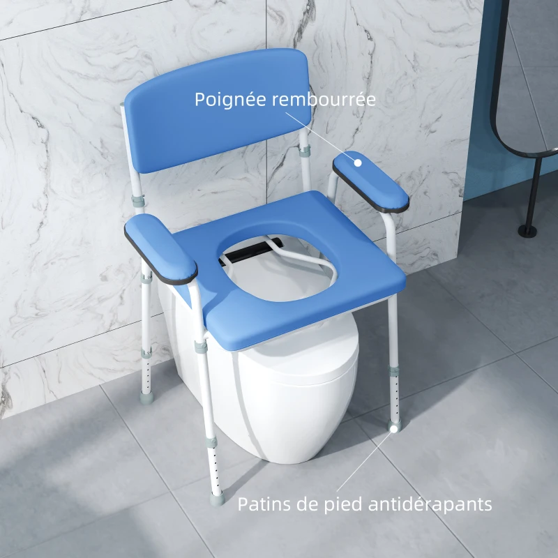 HOMCOM Chaise percée toilette multifonctions seau amovible hauteur réglable avec dossier siège et accoudoirs rembourrés bleu