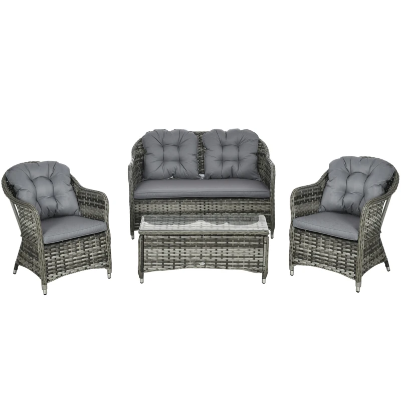 Outsunny Four-Piece Rattan Sofa Set, with Glass-Top Table - Mixed Grey