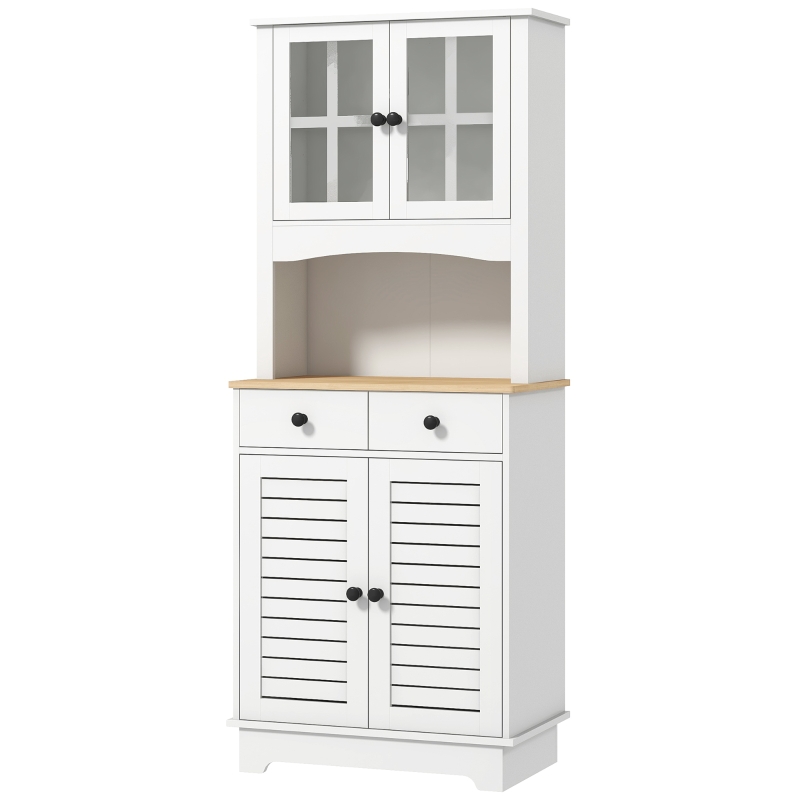 HOMCOM Armoire de cuisine avec portes vitrées, 2 tiroirs, armoire à vaisselle, armoire de salle à manger, bois, 68 x 39,5 x 170 cm, Blanc