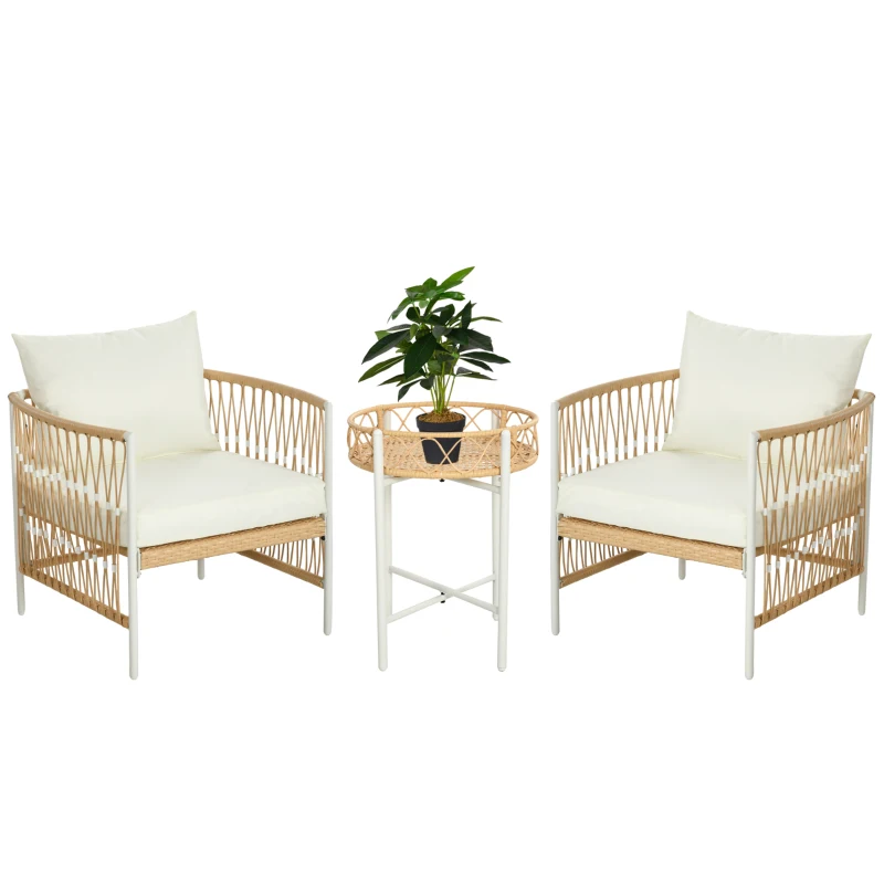 Outsunny Ensemble de bistrot de 3 pièces Ensemble de meubles de jardin, Rotin en PE, 72 cm x 66 cm x 64 cm, Jaune+Blanc Crème