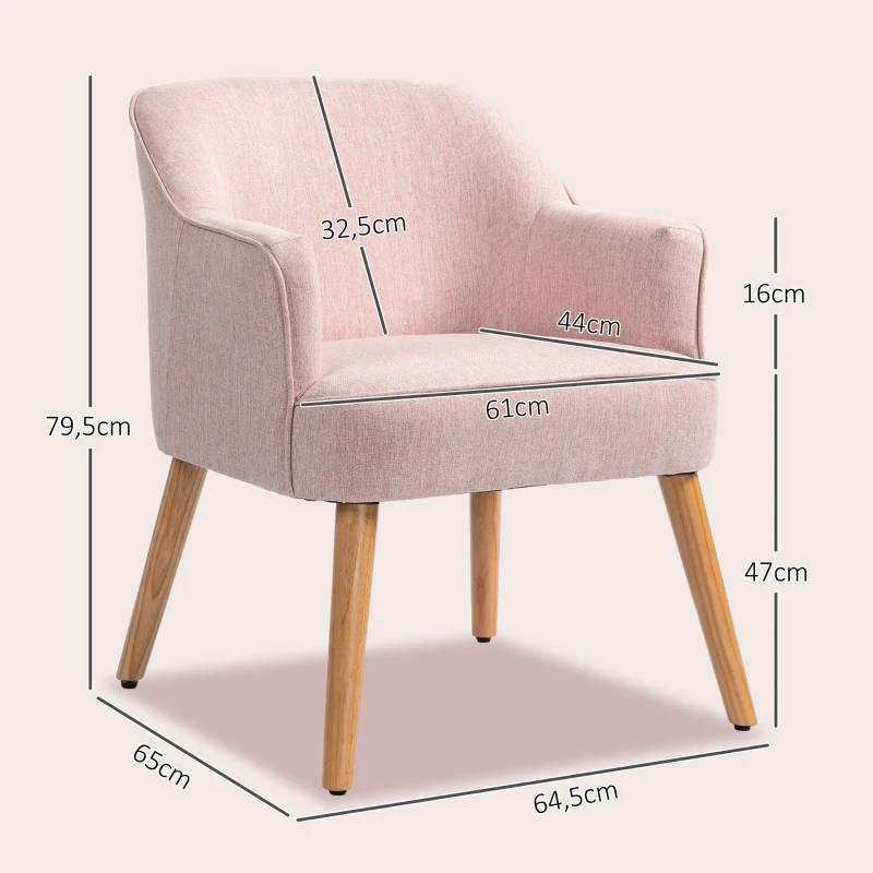 HOMCOM Butaca de Salón Moderna Sillón Individual Tapizado en Lino con Patas de Madera Carga 120 kg 64,5x65x79,5 cm Rosa