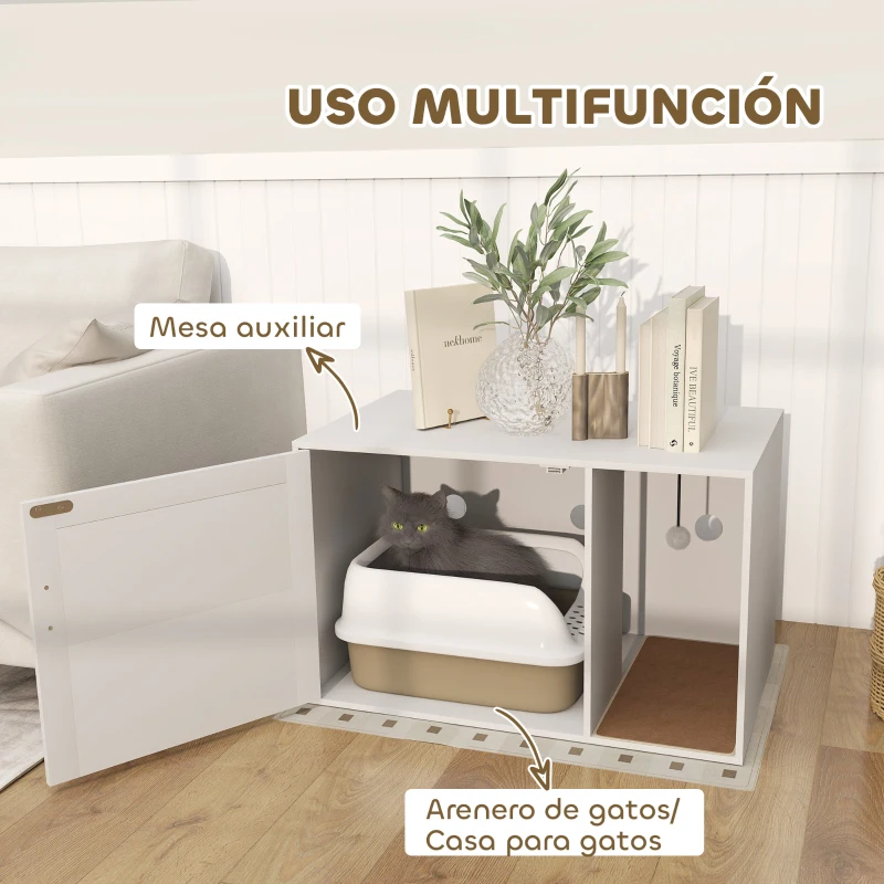 PawHut Mueble Arenero para Gatos Arenero para Gatos con Almohadilla para Rascar y Puerta de Ratán 80x50x50 cm Blanco