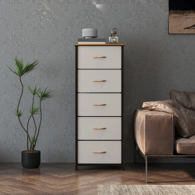 HOMCOM Fabric Chest of Drawers, Industrial Bedroom Dresser with 5 Fabric Drawers, Steel Frame and Wooden Top for Nursery, Living Room, Hallway, Cream White