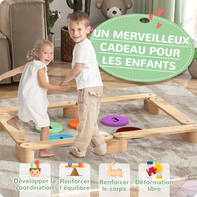 AIYAPLAY Poutre d'équilibre en bois pour enfants parcours de motricité modulable 6 pièces pour intérieur et extérieur naturel