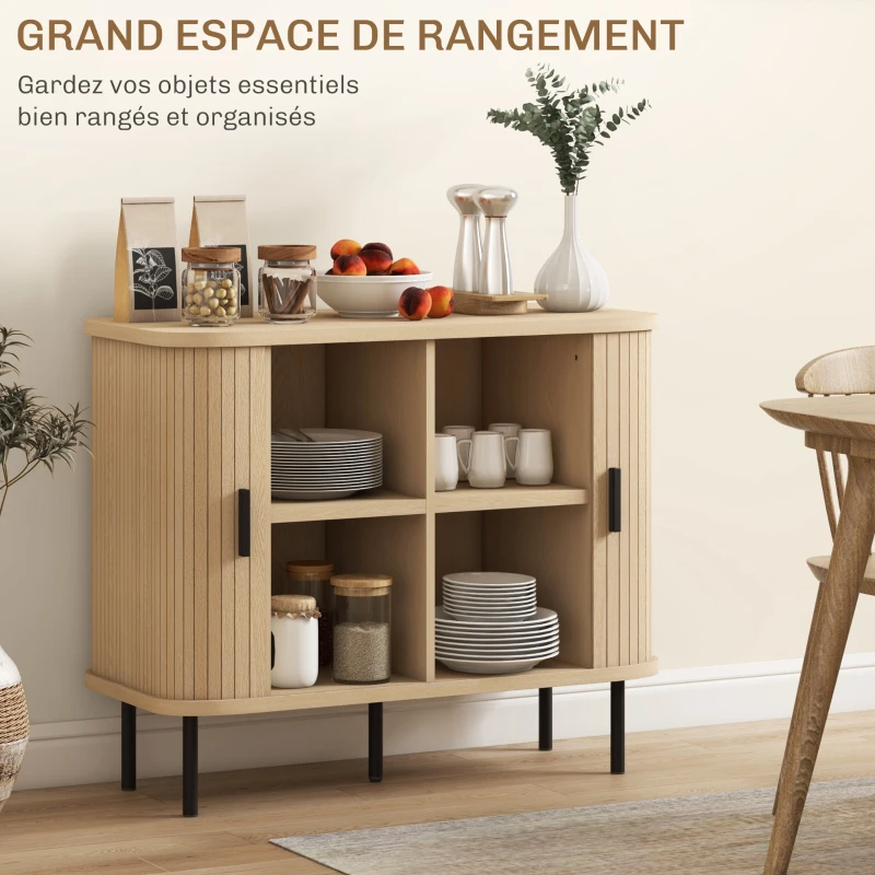 HOMCOM Buffet meuble de rangement avec portes coulissantes à lattes, armoire de cuisine avec pieds en acier, ton chêne