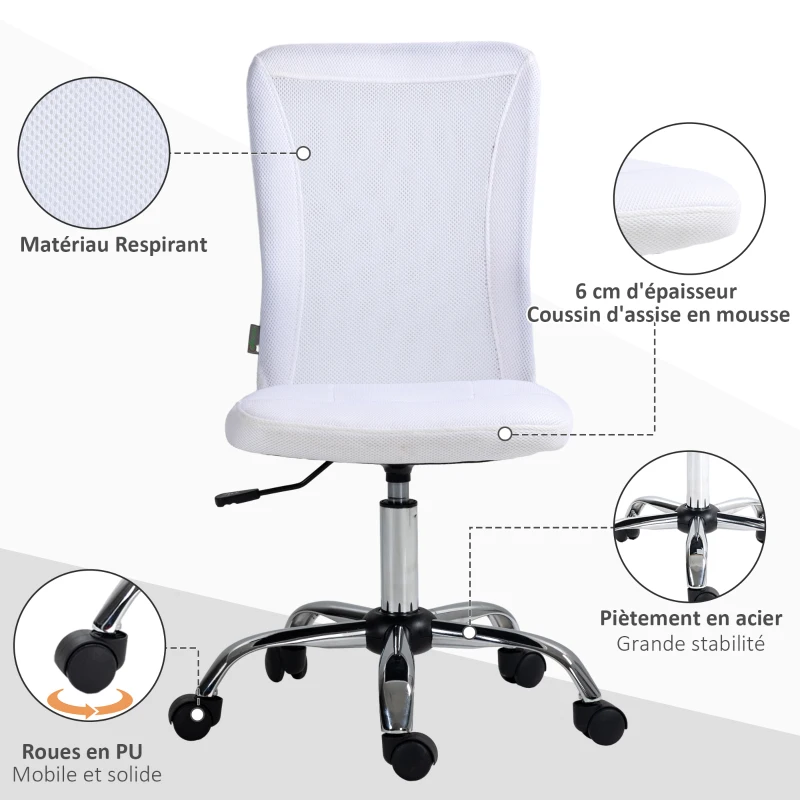 Vinsetto Chaise de bureau ergonomique hauteur réglable piètement chromé pivotant 360° revêtement maille blanc