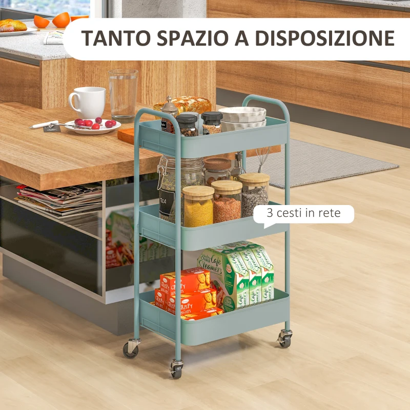HOMCOM Carrello da Cucina a 3 Livelli con Maniglie e 4 Rotelle, in Acciaio, 45x30.6x79 cm, Azzurro