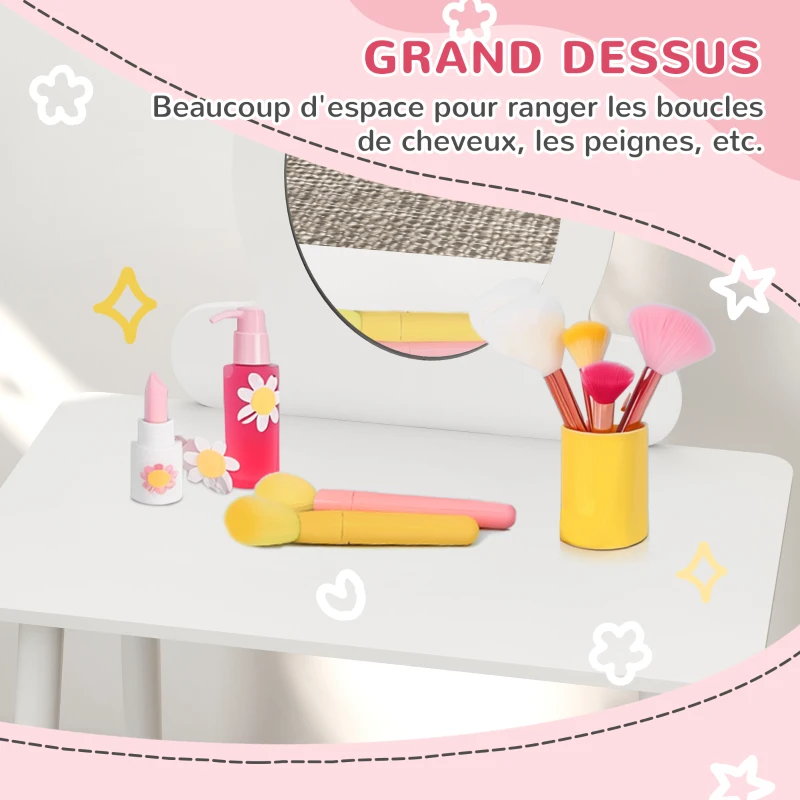 AIYAPLAY Ensemble coiffeuse pour enfants avec tabouret, coiffeuse 2 pièces pour enfants de 3 à 6 ans -  blanc