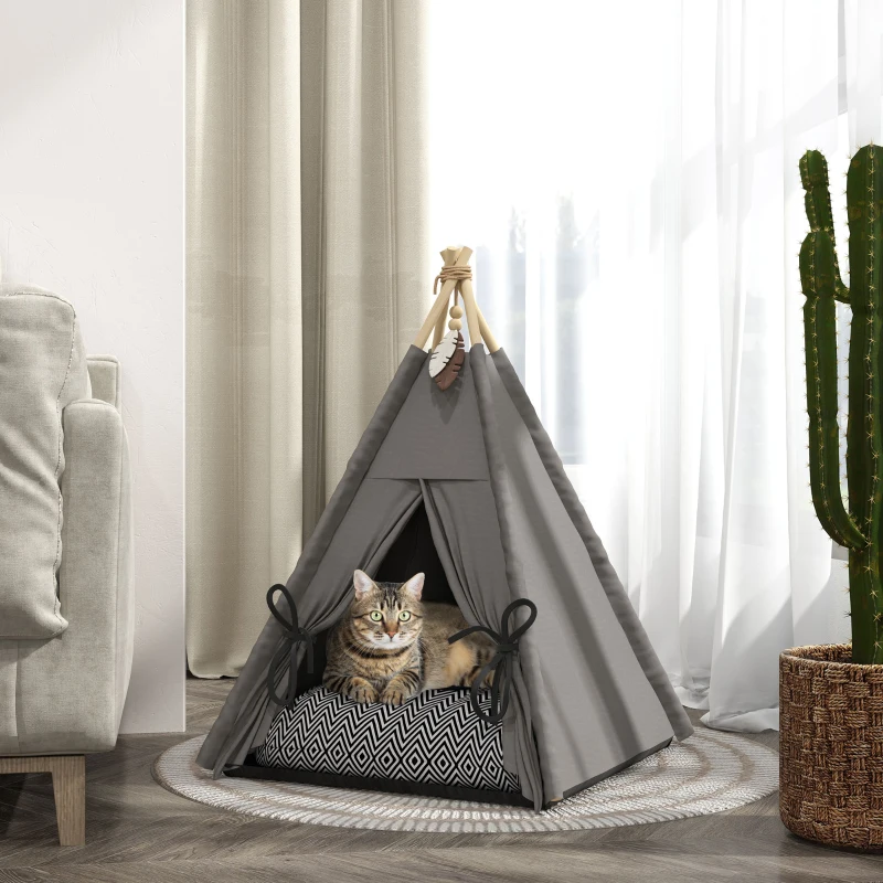PawHut Tipi-Zelt für Haustiere, Tierbett im Tipi-Design, Katzenzelt mit Kissen, Hundebett zum Schlafen, Katzenbett, Grau