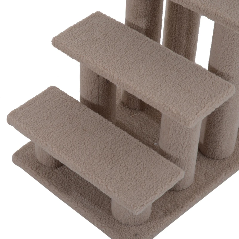 PawHut Escalera de Mascota Escalón Gato con 4 Pasos de Felpa y Postes Cubierto de Felpa 63.5x43x60cm Marrón Claro