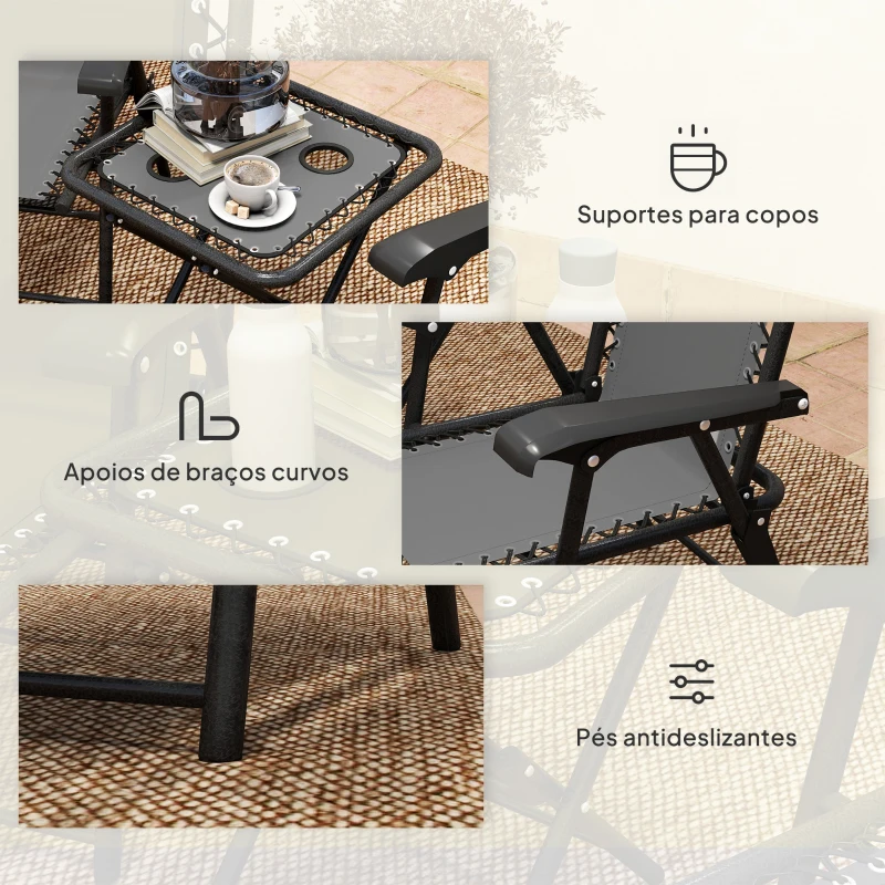 Outsunny Conjunto de Mesa e Cadeiras de Jardim Móveis de Exterior Dobrável com Estrutura de Aço e Suporte para Copos Cinza Escuro