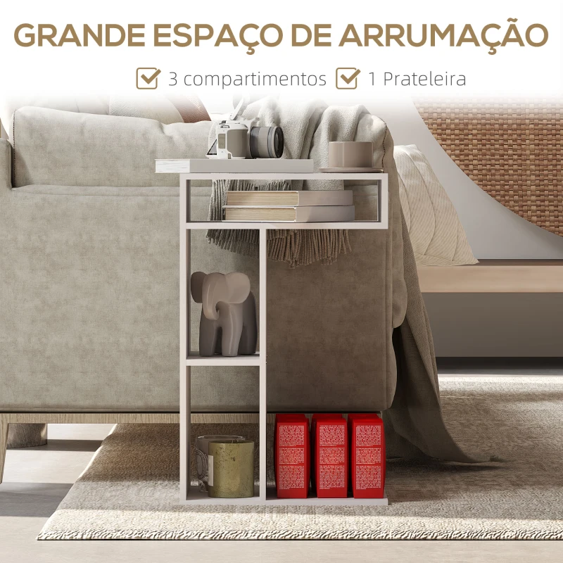 HOMCOM Mesa Auxiliar em Forma de C Mesa Auxiliar para Sofá com Rodas Compartimentos Abertos 40x30x69 cm Branco