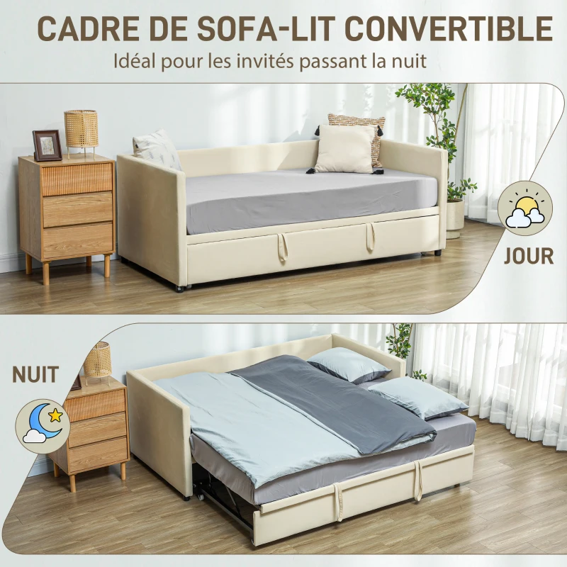 HOMCOM Cadre de lit canapé-lit 2 en 1, canapé 2 places et lit double, deux matelas compatible de 90 x 190 cm(m-4)