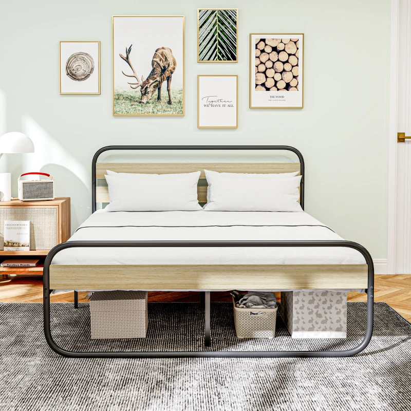 HOMCOM Lit double 160 x 200 cm, cadre de lit en acier style industriel, tête de lit et sommier inclus, aspect bois