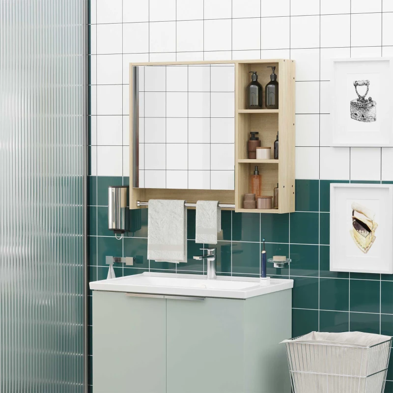 kleankin Meuble salle de bain avec miroir, armoire murale avec porte-serviettes, 3 niches, placard et étagère réglable, naturel